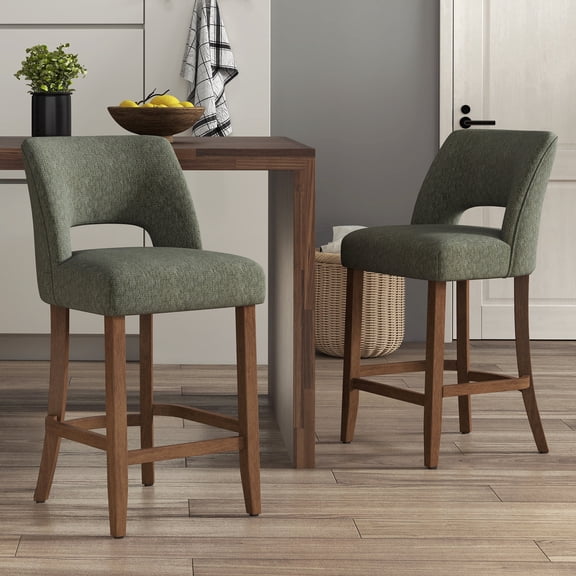 VKNOW Adult Mid Back Upholstered and Solid Wood Legs Bar Stools - Set of 2, Green