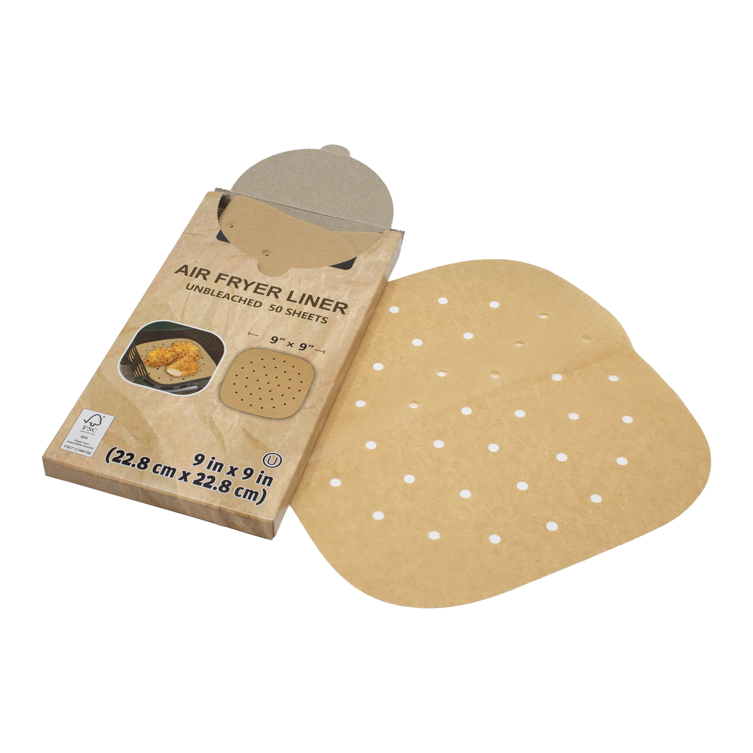 Dynamic Unbleached Air Fryer Paper Liners, 9 x 9 Inch Square, PFAS-Free, 600 Sheets Total (50 Sheets per Pack, 12-Pack)