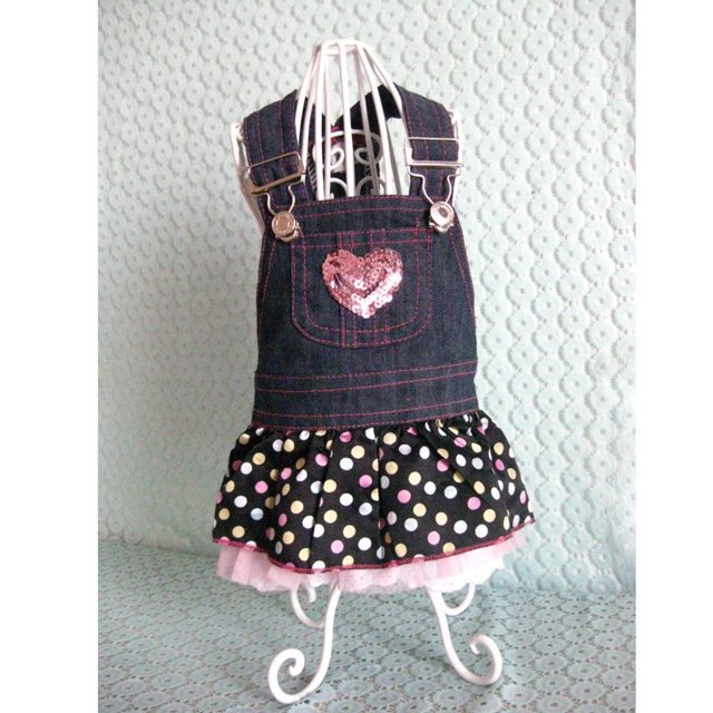 Vestido de Puente para Volantes de Lunares y Lunares de Colorido Rosa para Lentejuelas y Corazones de Dog Puppy - L, se describe L Zulema Pet Dog Jean Dress