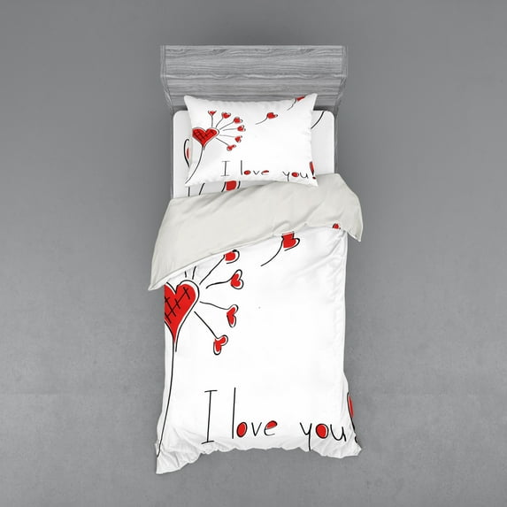Ambesonne Love Bedding Set 3 Pcs, Dandelion with Hearts, Twin, Red Black White