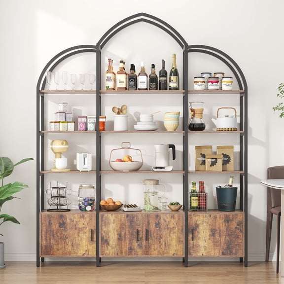 Casendy Large Arched Bookshelf, 3 Tier Bookcase with Storage Cabinet, Metal Frame Book Shelf Display Storage Shelves for Living Room, Home Office