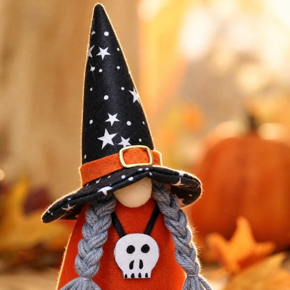 Halloween Gnome Ornament,Witch Halloween Decorations with Starry Hat and Skull Pendant, Handcrafted Felt for Indoor Shelf Display, Halloween Decoration