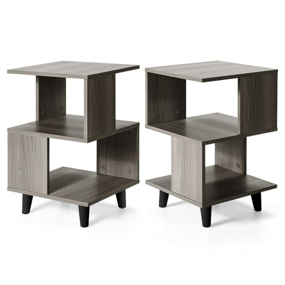 Gymax 2 PCS Nightstand Set Modern Side End Table Storage Shelf Grey