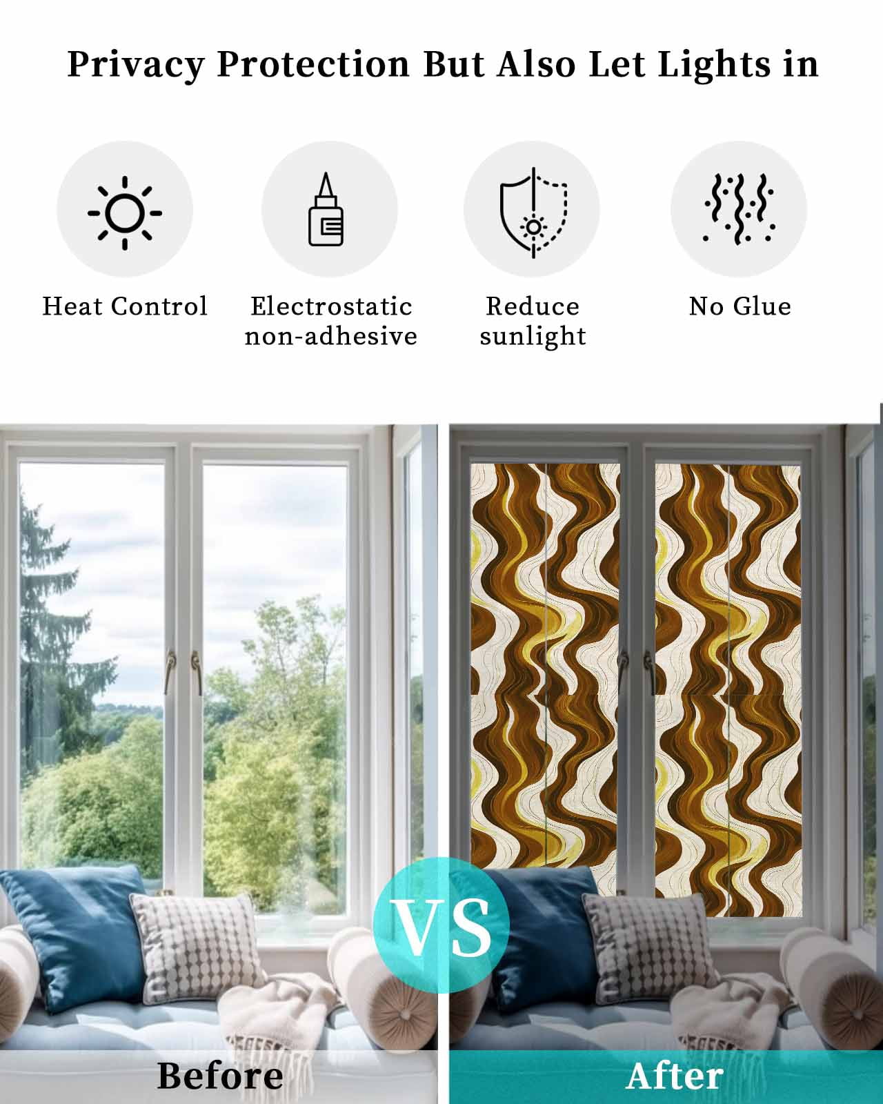 Window Privacy Film Geometric Brown Stained Glass Window Film Decorative Sun Block Window Cover Gold Vintage White Stripe Coastal Sea Wave Window Clings Static Sticker for Bathroom 17.7"x78.7"
