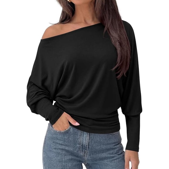 PRETTYGARDEN Womens Off The Shoulder Batwing Long Sleeve Top Asymmetrical Off Shoulder Cinched Waist Shirts, Soft Knitted, Dressy Casual Blouses, Going Out Tops, Fall Fashion Winter Clothes