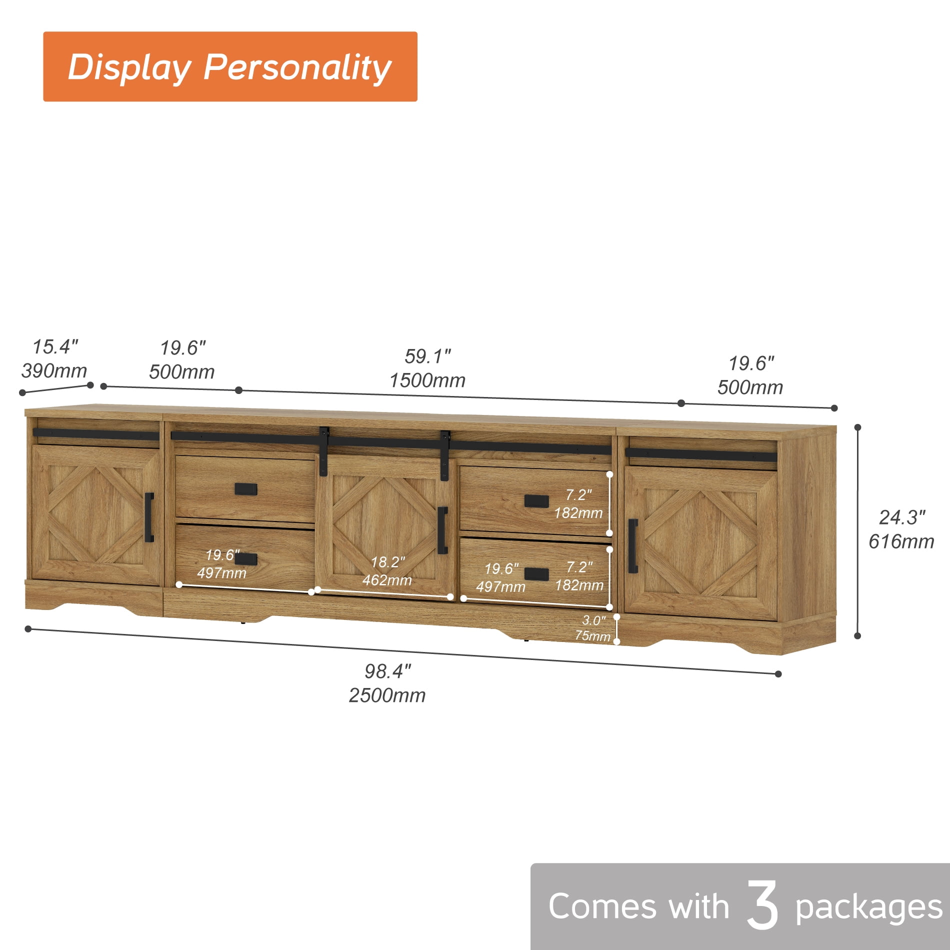 WAMPAT Farmhouse Entertainment Center for 110" TVs, 3-in-1 Wooden TV Stand with Barn Door, Adjustable Shelves and Storage Drawers,Media Console Table for Living Room,Vintage Oak
