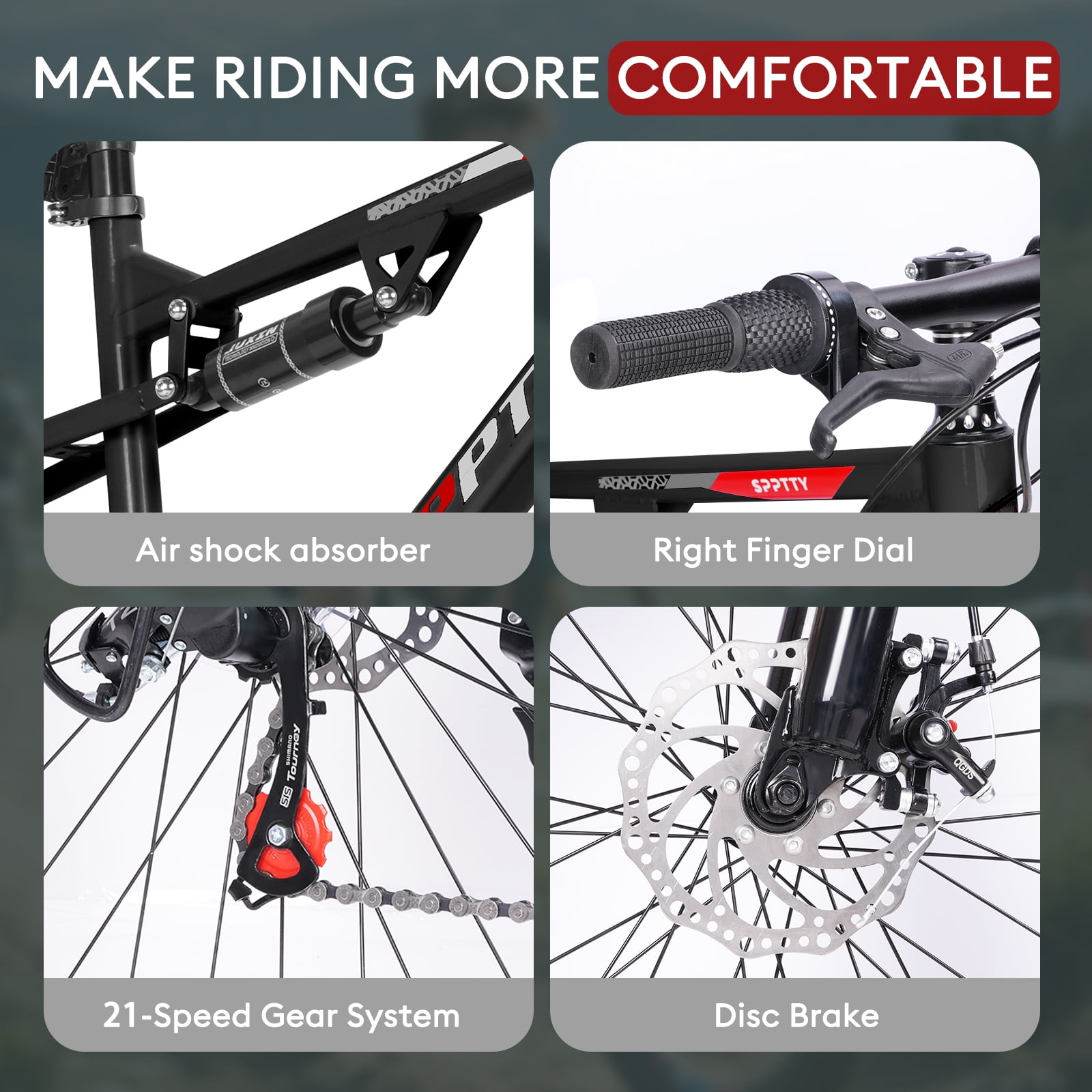 SPPTTY 26" Mountain Bike,Full-Suspension 21 Speed Drivetrain, Disc Brakes,Bicycle for Men Women Black