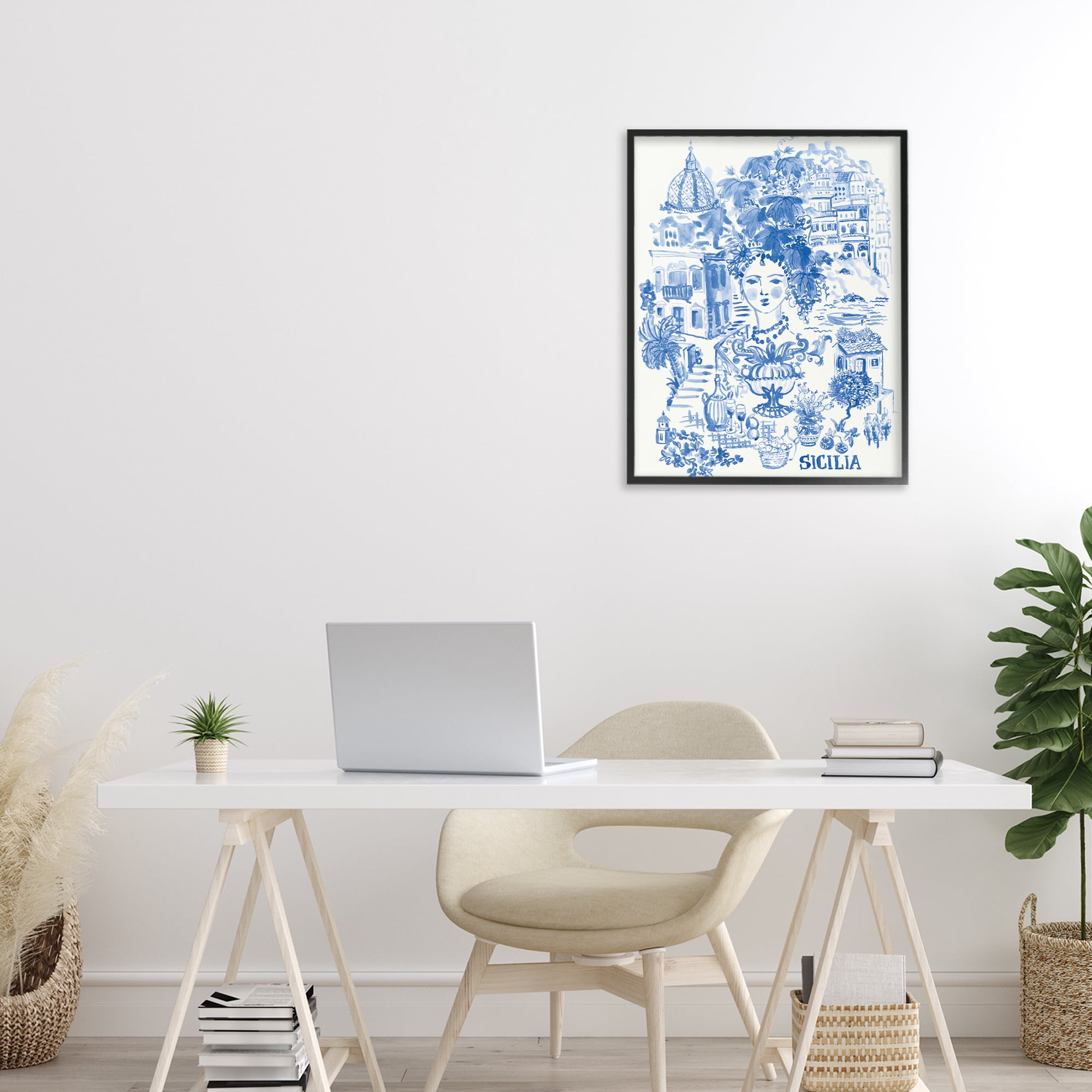 Stupell Industries Sicilia City In Blue Black Framed Giclee Art, design by Karolina Sato