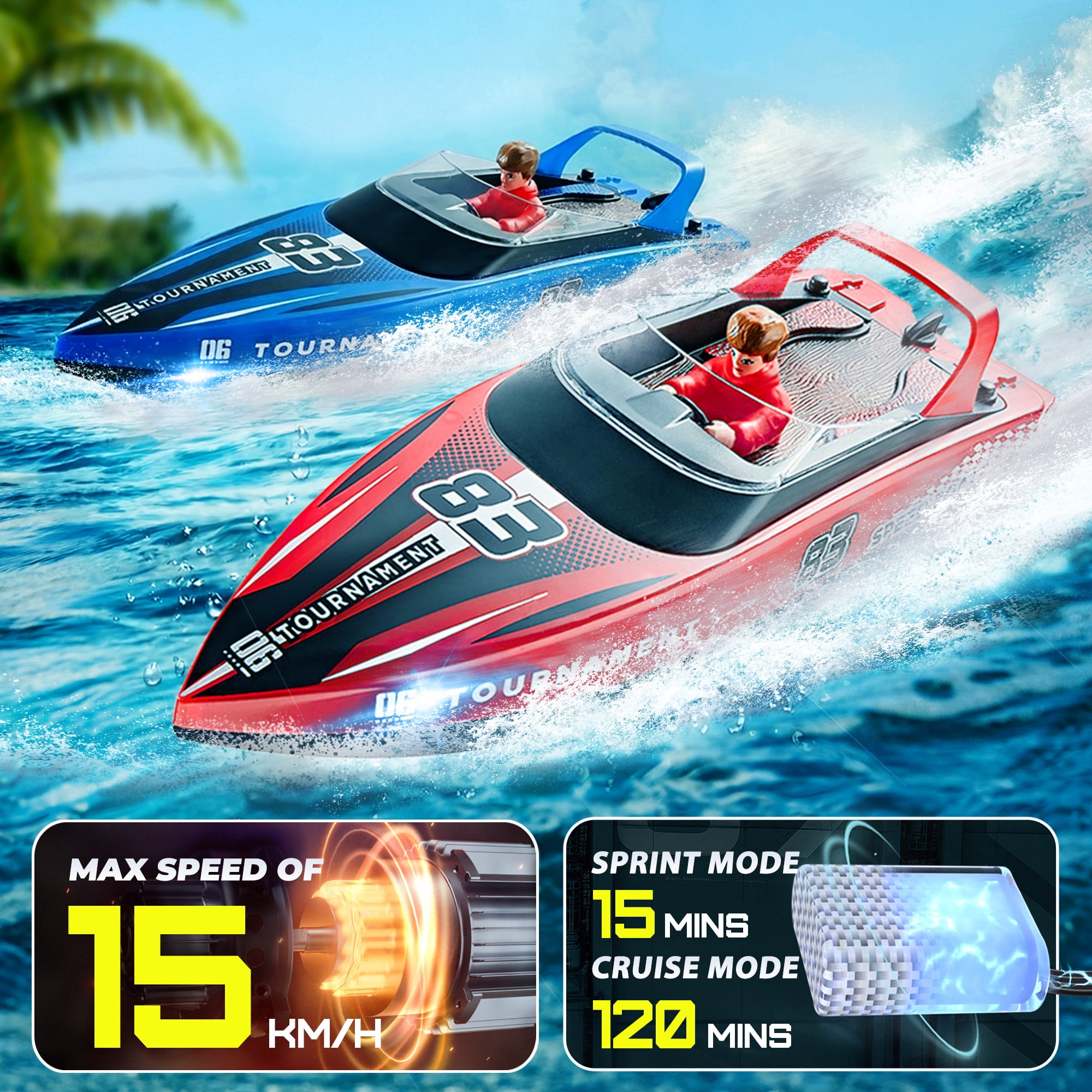 10" Remote Control Boat for Kids, 2-Pack RC Boats with LED Lights & Low Battery Warning, Summer Outdoor Water Toys for Boys Girls Ages 3-12