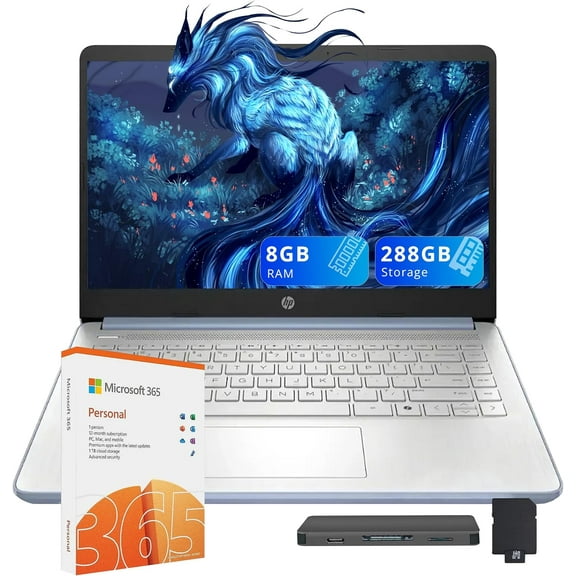HP Stream 14" HD Laptop, Intel Processor N150, 8GB RAM, 288GB Storage(128GB SSD 160GB Docking Station Set), Intel Graphics, 1 Year Office 365, Copilot, Fast Charge, Wi-Fi 6, Win 11 S, Blue