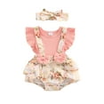 thumbnail image 2 of Newborn Baby Girl Summer Clothes Floral Romper Dress Onesie Ruffle Sleeve Suspender Romper Outfits with Headband, 2 of 9