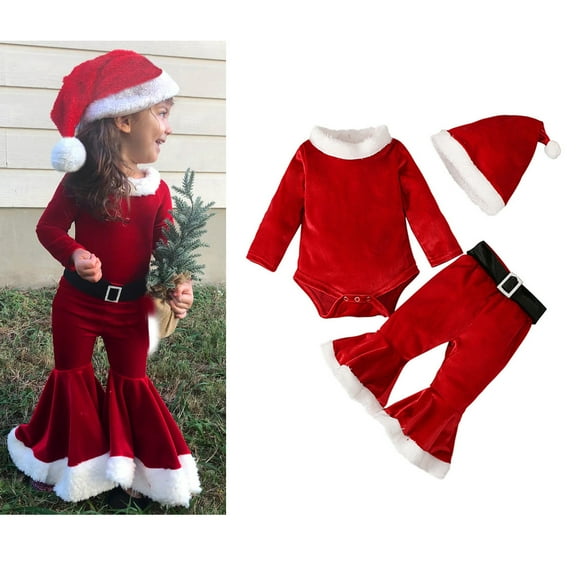 Santa Baby Outfit Long Sleeve Romper Flare Pants Hat Sets Christmas Outfit Toddler Girl Holiday Party Dress 12-18 Months