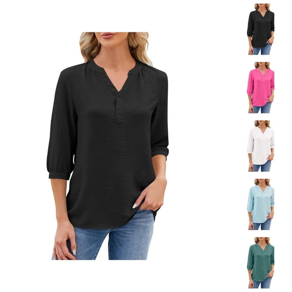 3/4 Length Sleeve Womens Tops 2026 Trendy Lantern Sleeve V Neck Loose Plain Chiffon Tshirt Womens Blouses
