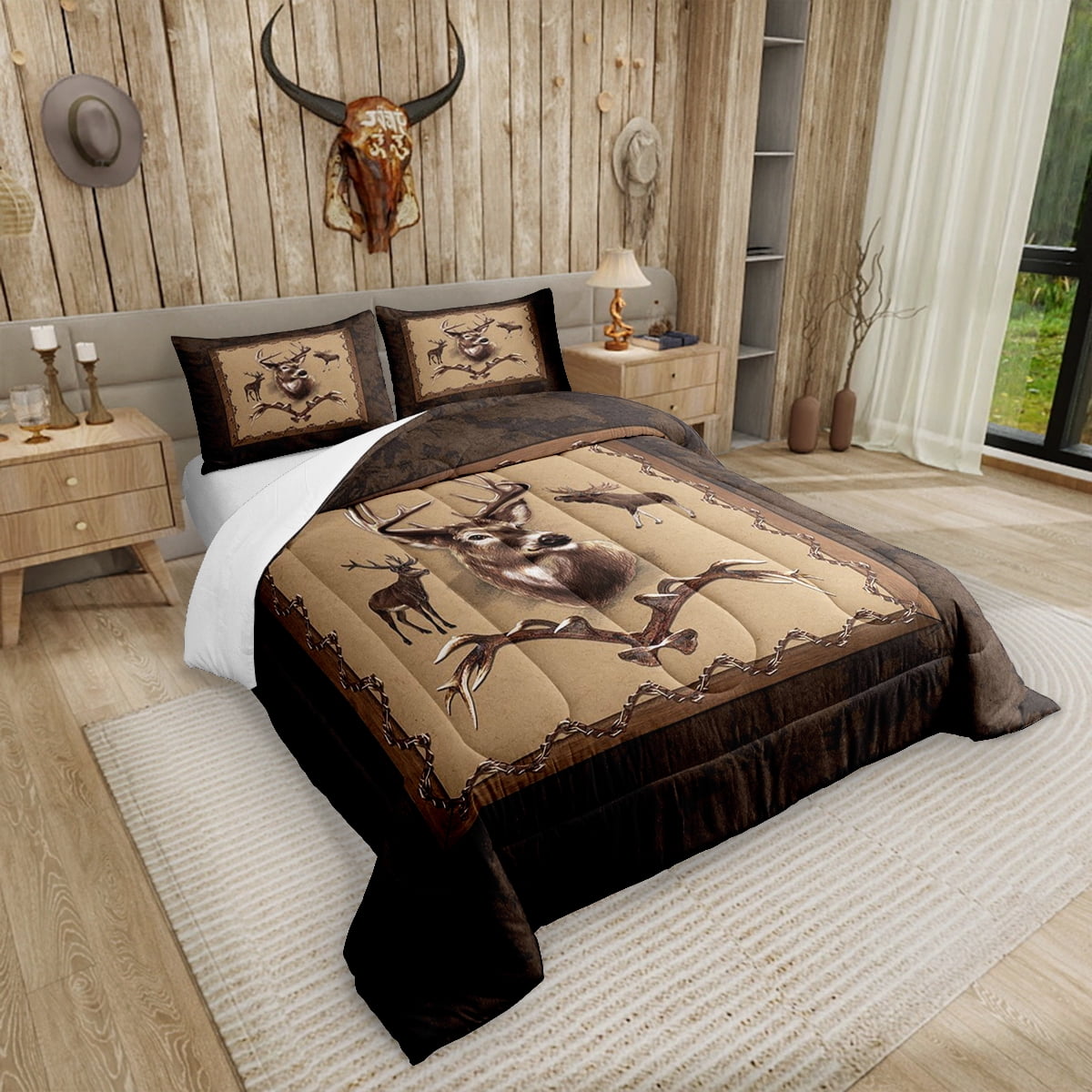 Erosebridal Farmhouse Deer Comforter Sets Southwestern Bedding Set Full Size Rustic Hunting Animal Quilt Moose Deer Down Comforter with 2 Pillow Sham Bedroom Decor