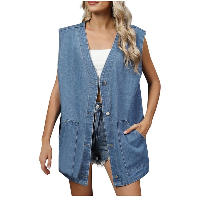 Pisexur Hauts de Sortie pour Femmes en Denim Sans Manches Hauts pour Femmes Col en V Style Bouton Parfait comme Hauts Décontractés pour Femmes, Hauts pour Femmes Tendance & Blouses pour Femmes
