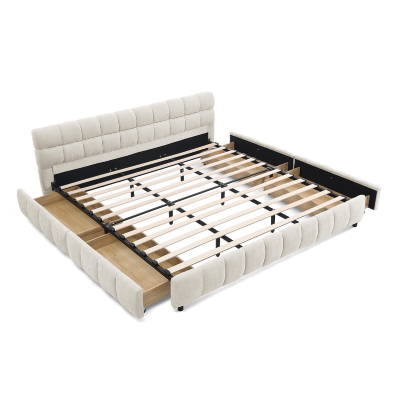King Size Upholstered Platform Bed with 4 Storage Drawers, Low-Profile Chenille Grounded Bed with Headboard and Solid Frame, No Box Spring Needed