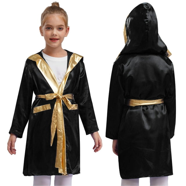 TiaoBug Kids Boys Boxing Robe Metallic Hooded Boxing Tops Cloak Boxer Long Sleeve Open Front Hooded Cloak with Belt Set Black 14