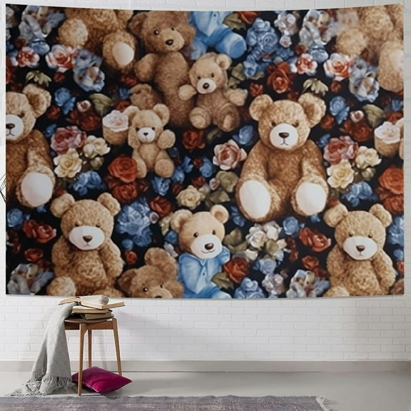 BCIIG Teddy Bears Flowers Tapestry Wall Hanging Unique Style Graphic Tapestries Home Wall Decor Art Living Room Bedroom Apartment Farmhouse Dorm 40x30inch
