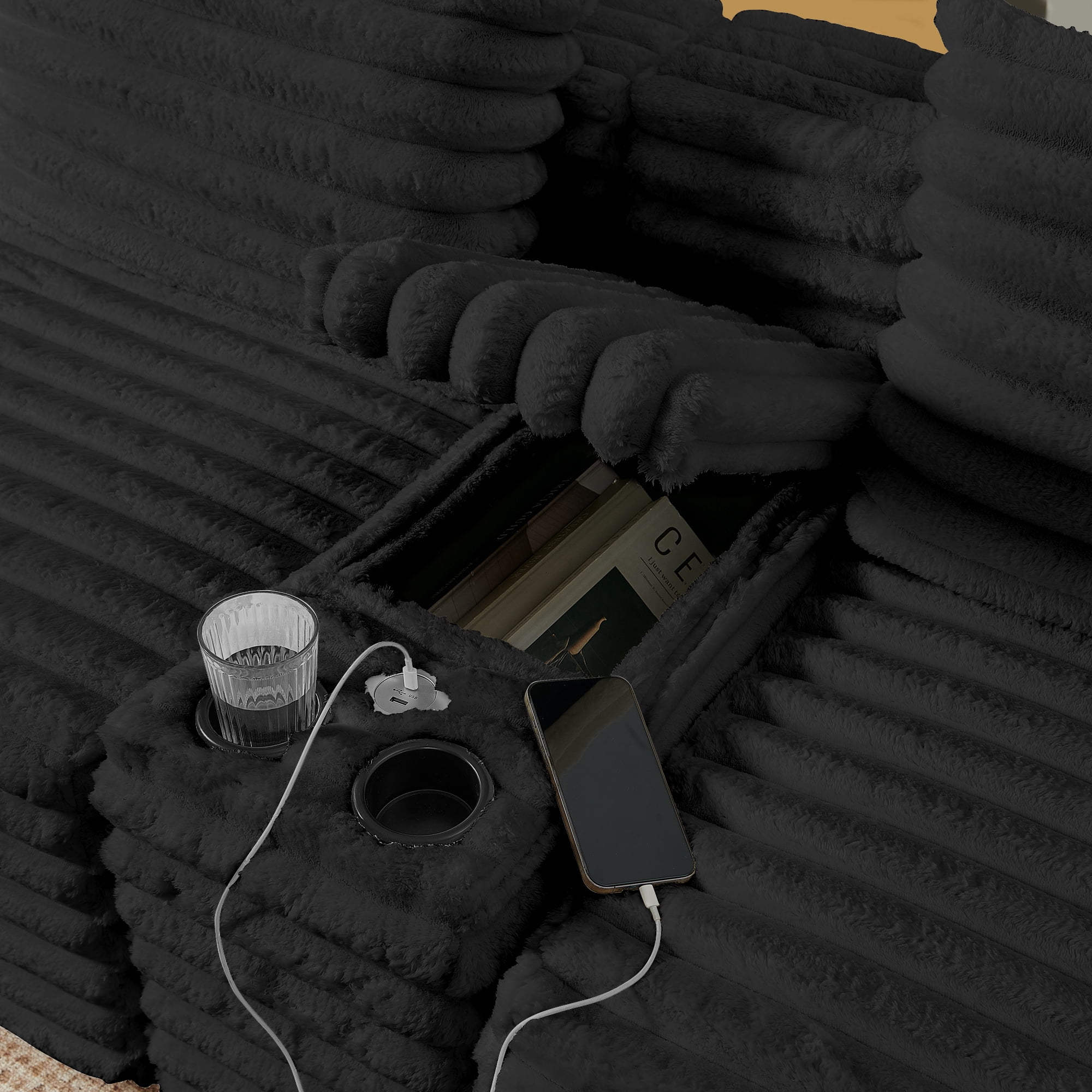 BSHTI 127" Corduroy U Shape Sectional Sofa with Console, Cup Holders, USB Port, 2 Ottomans for Living Room（Black）