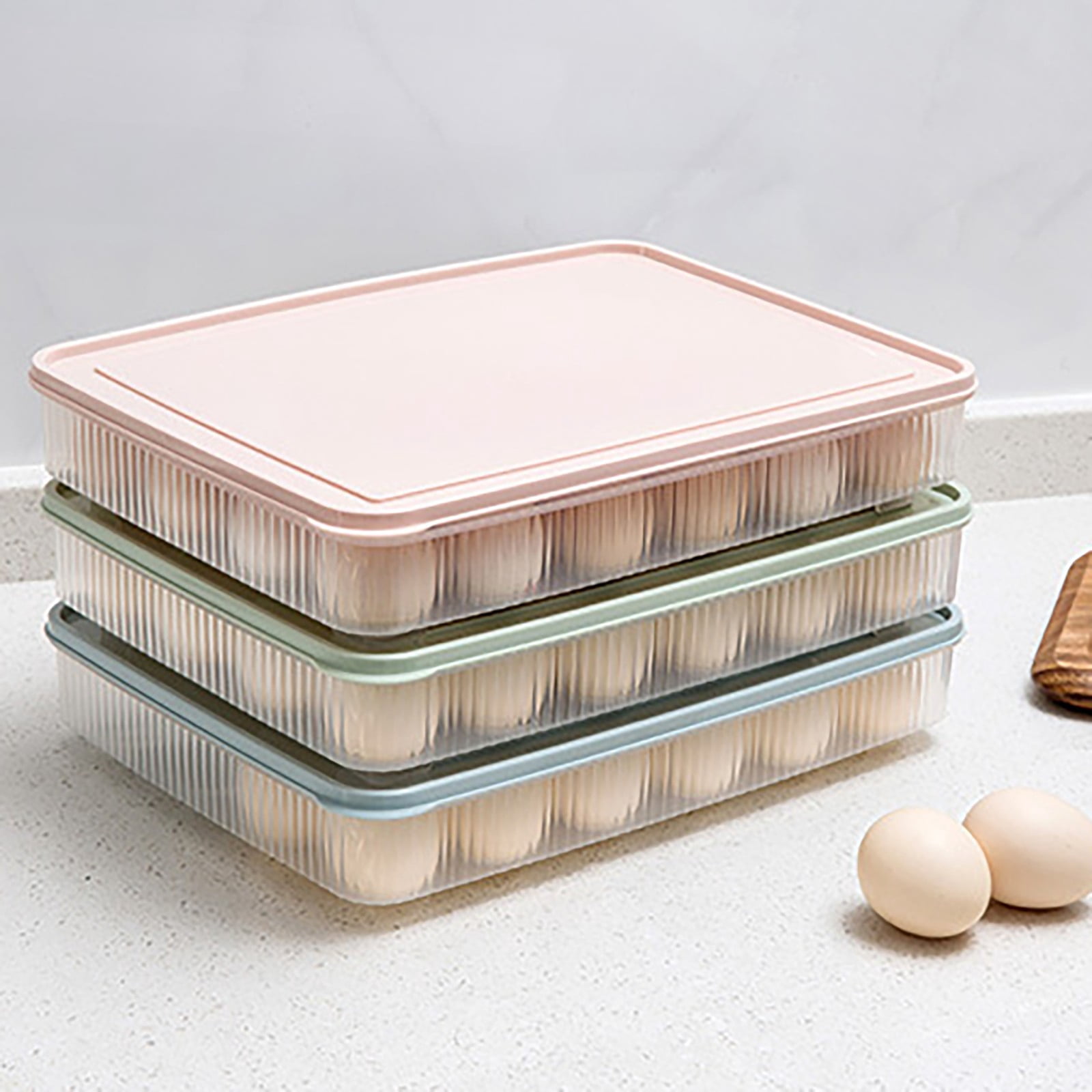 CSSJKYJ 1PC Egg Containers With Lid Portable Storage Egg Holder Stackable Plastic Egg Tray for Kitchen Fridge Keep Fresh 11.81x9.06x2.24 Inch,Beige