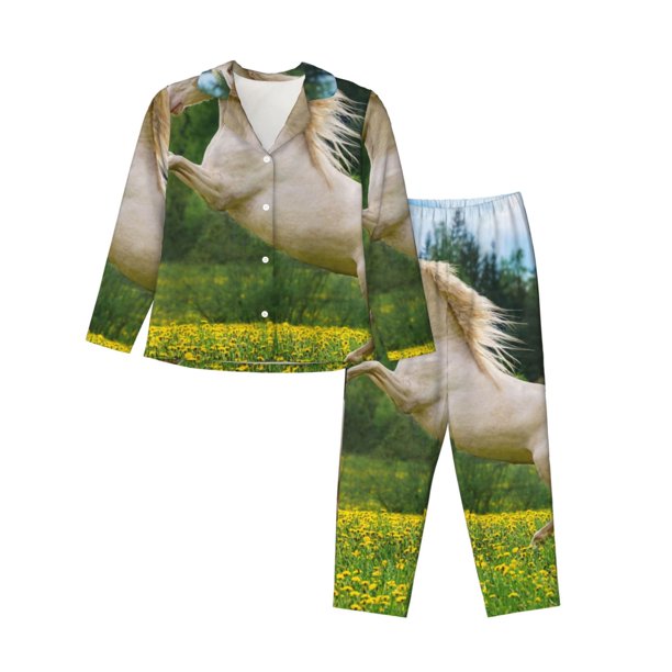 Fotbe Horse Rearing Up In The Field Conjunto de Pijama de Manga Larga para Mujer con Estampado, Ropa de Dormir de 2 Piezas, Conjunto de Casa Suave y Cómodo con Bolsillos-Small
