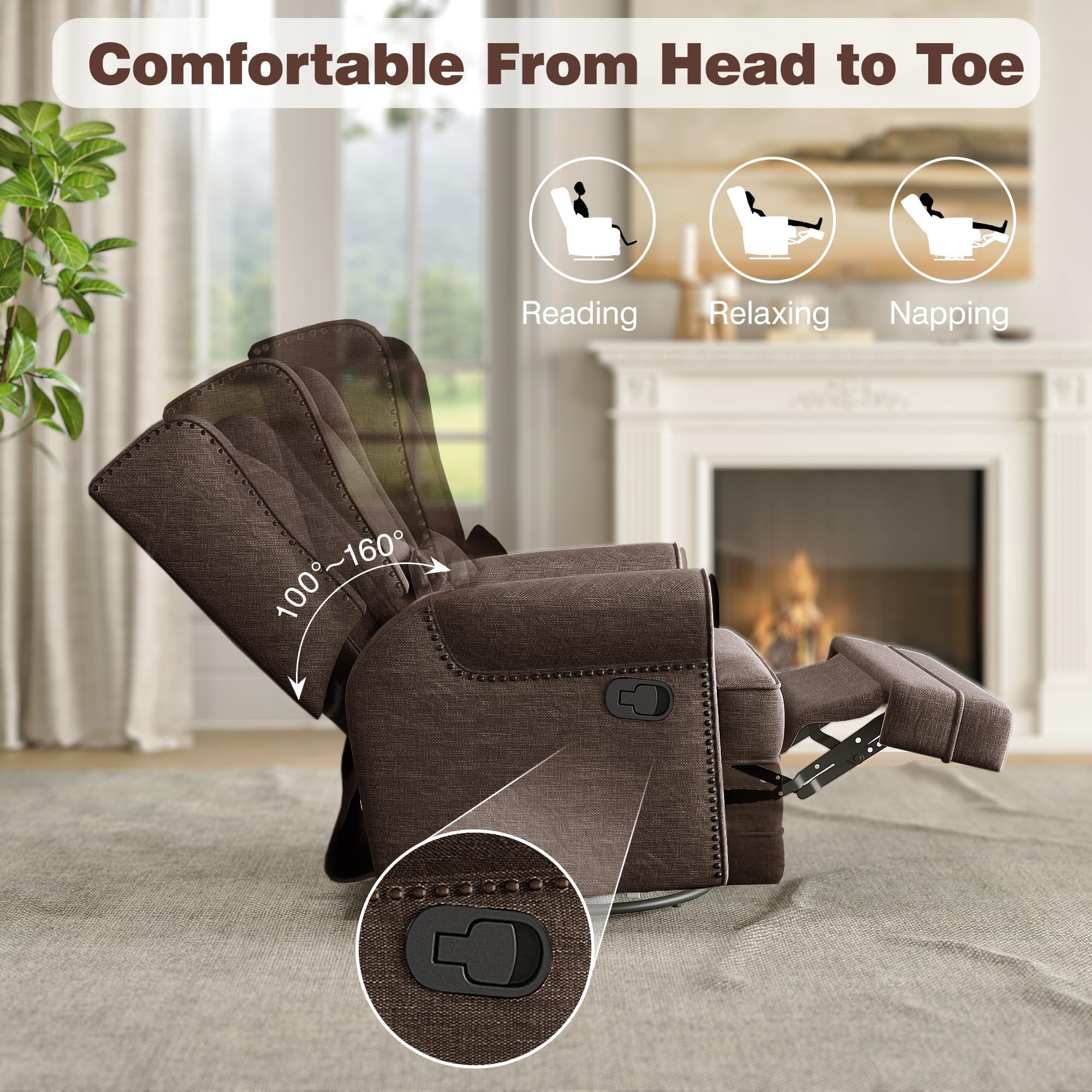 RoyalCraft Swivel Recliner Glider Rocking Chair with Lumbar Pillow and Footrest, for Bedroom, Living Room, Brown