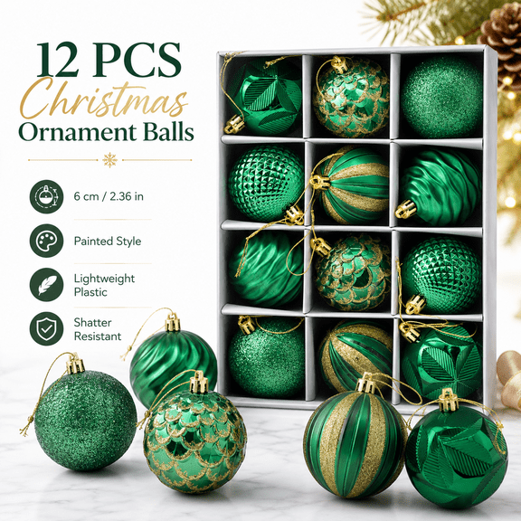 12Pcs Christmas Ball Ornaments 2.36in Shatterproof Painted Xmas Tree Balls Pre Strung Hanging Decor for Home Mantel Holiday Party Decoration