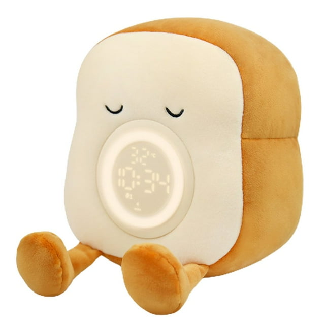 Alarm Clock Dimmable One-key Start Rechargeable Adorable Appearance Creative Shape Illumination Polyester Fiber 2-In-1 Lovely Plush Toast Shape LED Lamp Alarm Clock for Home