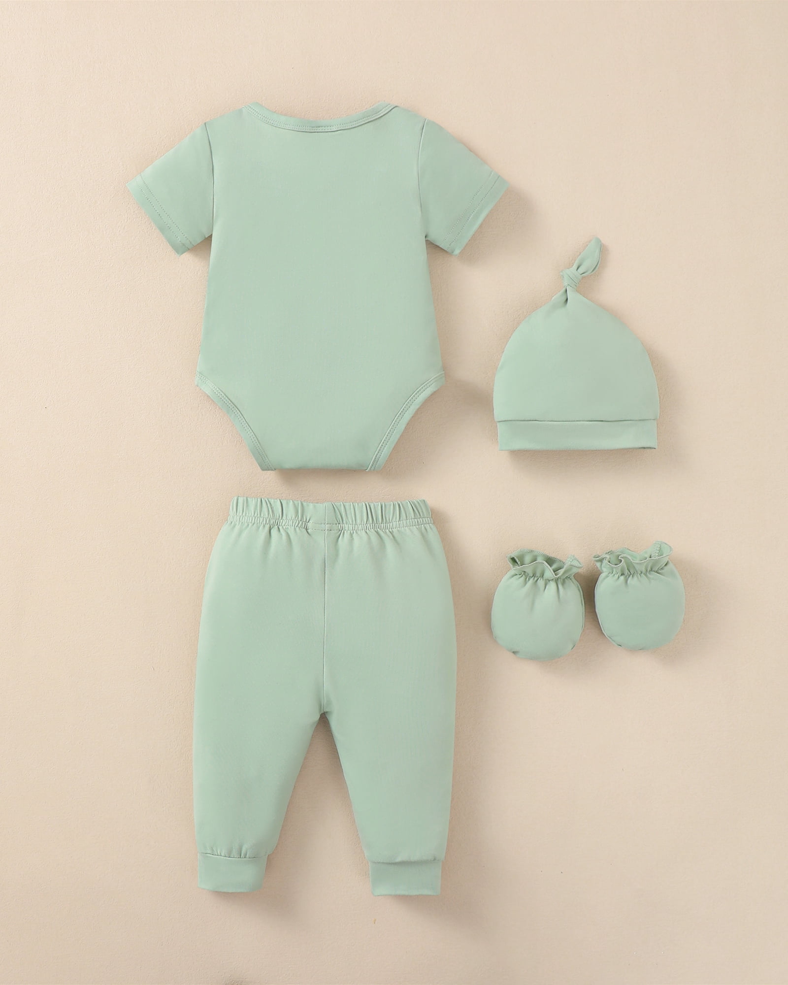 KIMI BEAR Newborn Preemie Baby Boys Layette Set 4 Packs Shower Gift Sets Romper Top Pants Set Short Sleeves Tops Dinosaurs Print Striped Outfits with Bodysuits 15pcs Essential Clothes Green