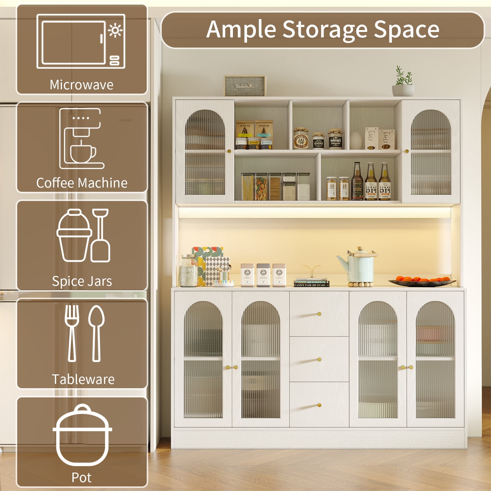 RichYa Kitchen Pantry with RGB LED Light,3 Drawers Hutch Storage Cabinet with Doors & Adjustable Shelves,Cupboard Buffet for Dining Room,White
