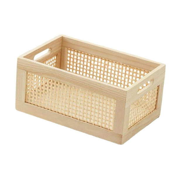 Cesta de almacenamiento con marco de madera, cesta de almacenamiento de escritorio, organizador de libros, cajón tejido grande