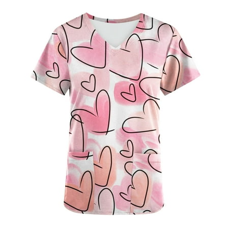 

Odeerbi Valentine s Day Scrub Tops for Women Short Sleeved V-neck Shirt With Pocket Pink