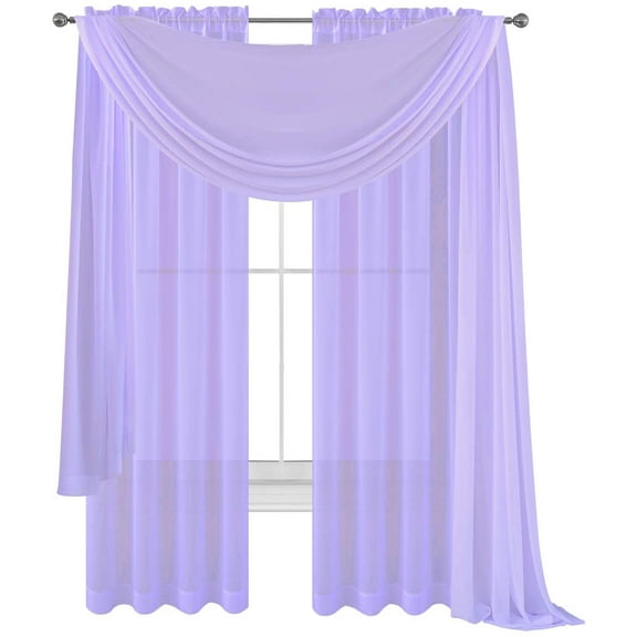 Lavender Purple Drape/Panels/Scarves/Treatment Beautiful Sheer Voile Window Elegance Curtains Scarf for Bedroom & Kitchen Fully Stitched and Hemmed 84 inch size, 3 piece set