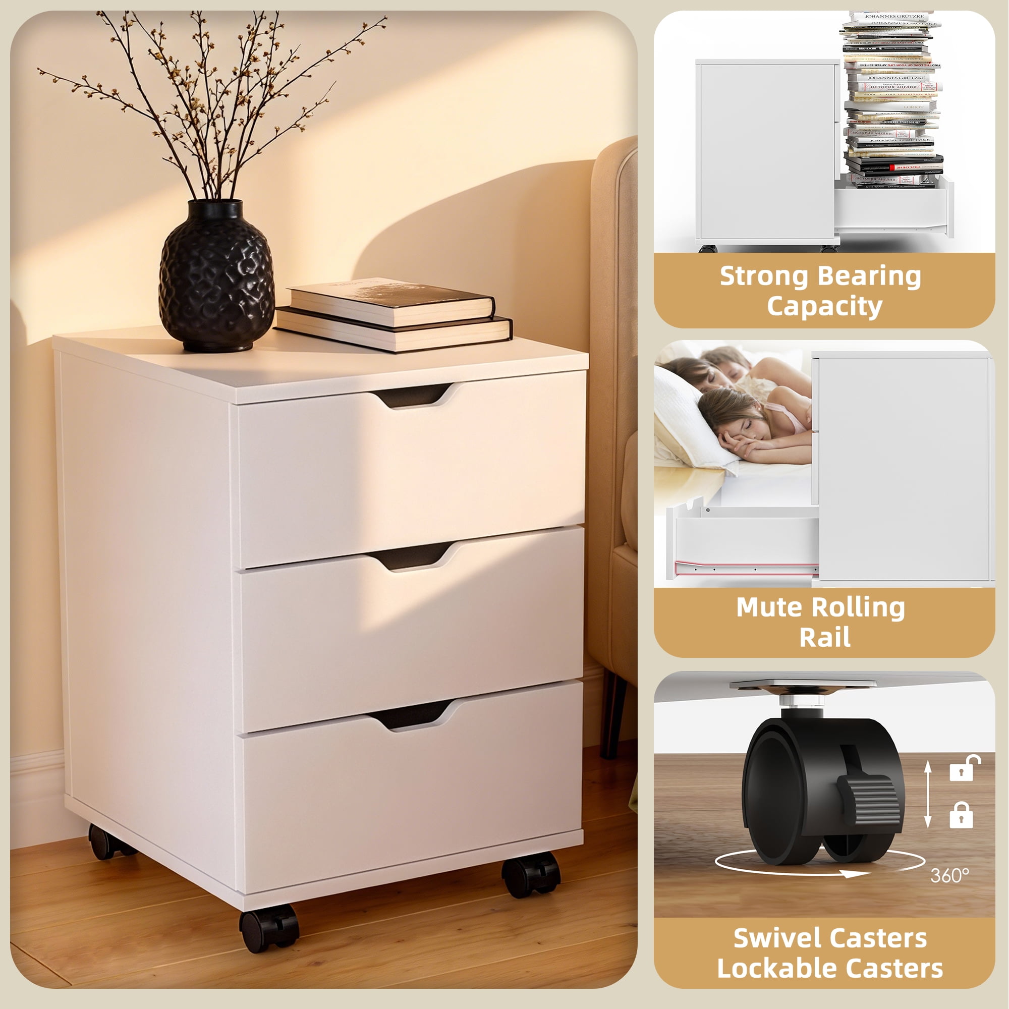 MAYEERTY 16*22"White 3-Drawer Vertical Wood File Cabinet with Casters for Home Office, Fully Assembled