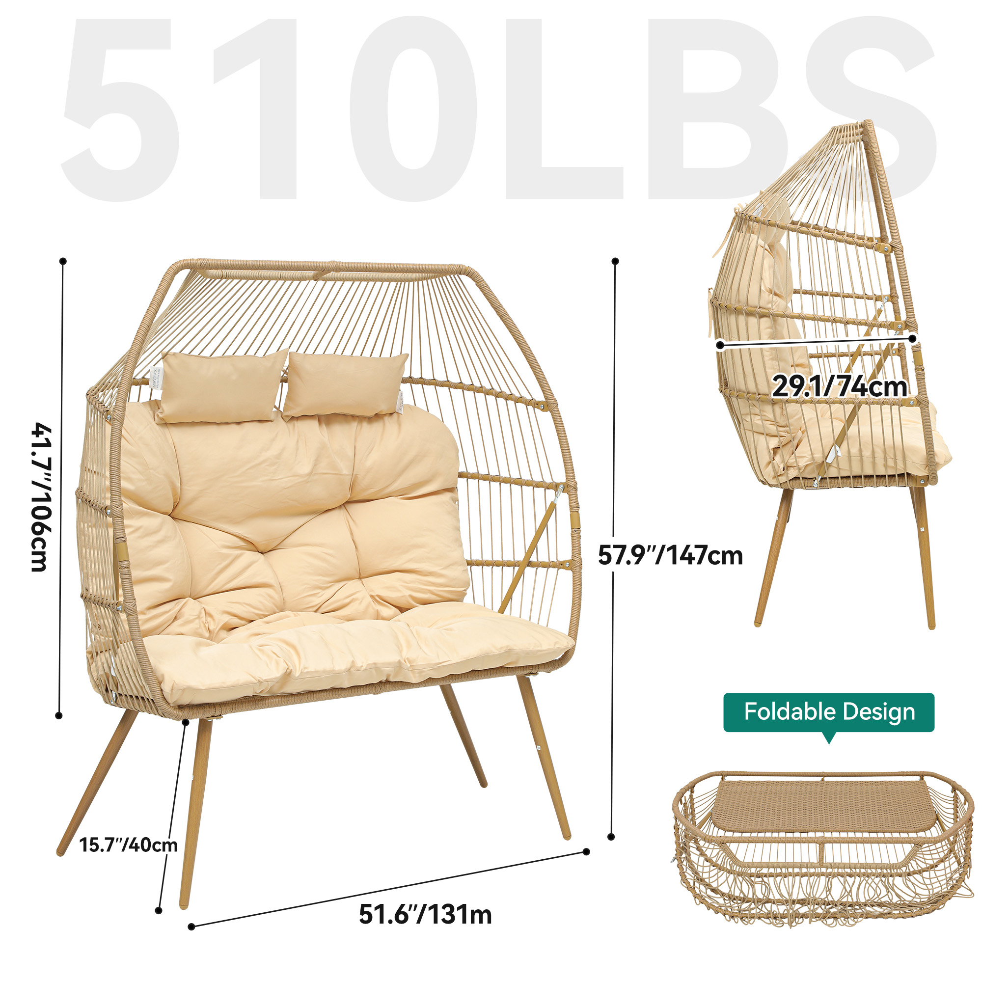 Dextrus Double Egg Chair with Legs 2 Person Wicker Egg Chair Indoor Outdoor Patio Egg Chair with Cushions 510lbs for Patio, Bedroom, Garden and Balcony, Beige