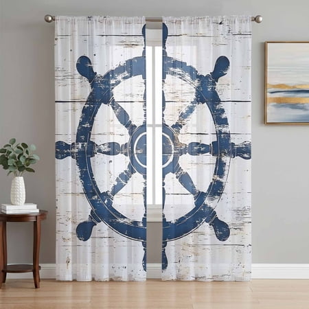 Navy Blue Coastal Semi Sheer Curtains 63 Inch Length 2 Panels Set Vintage Nautical Summer Rudder Sheer Kitchen Curtain Privacy Voile Window Curtain for Living Room Bedroom Rod Pocket Drapes