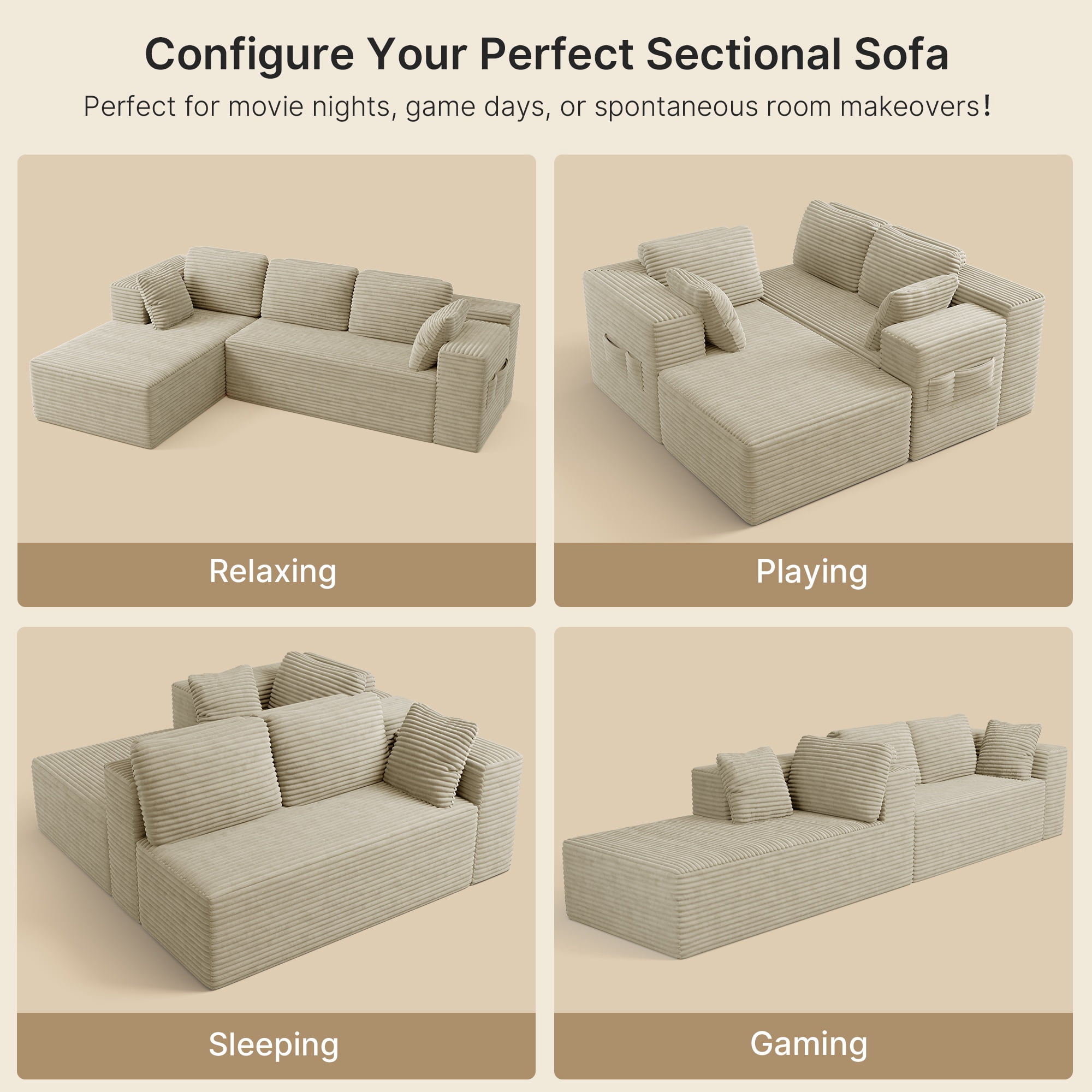 Lofka 105" Sectional Sofa, Cloud Sectional for Living Room with L-Shape Sofa, Modern Soft Modular Couch for Bedroom, No Assembly Required, Beige White
