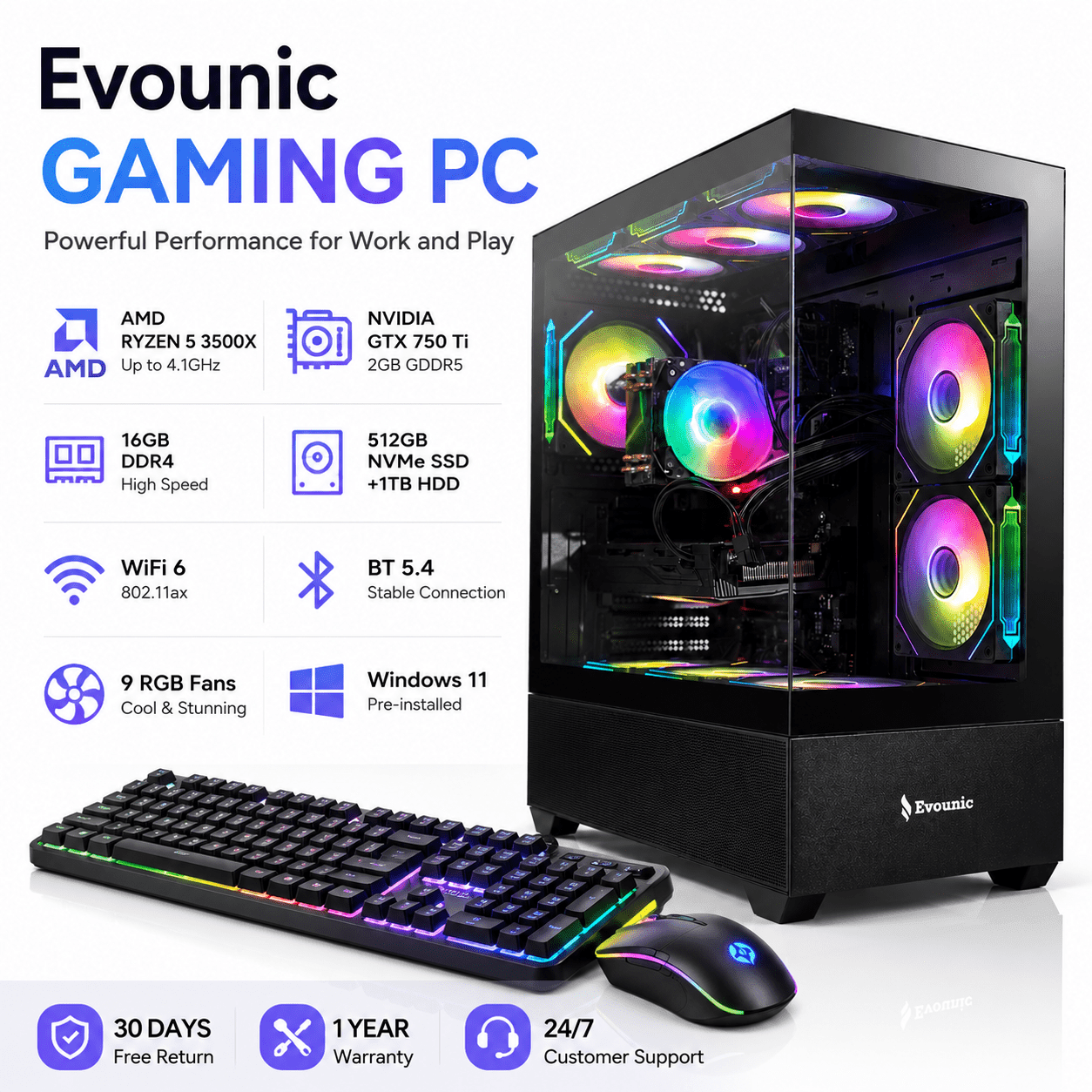 Evounic Gaming PC - AMD Ryzen 5 3500X up to 4.1GHz, GTX 750 Ti, 16GB DDR4, 512GB NVMe SSD+1TB HDD, WiFi 6 & BT5.4, 9 RGB Fan, Win11, RGB KB & Mouse
