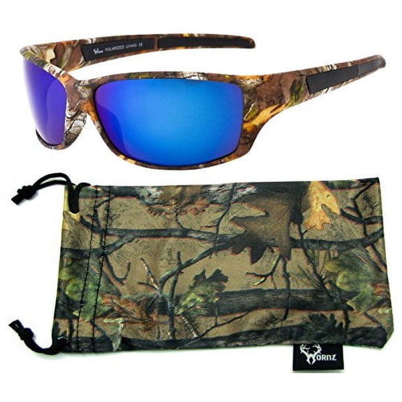 Hornz Brown Forest Camouflage Polarized Sunglasses for Men Full Frame & Free Matching Microfiber Pouch - Brown Camo Frame - Blue Lens