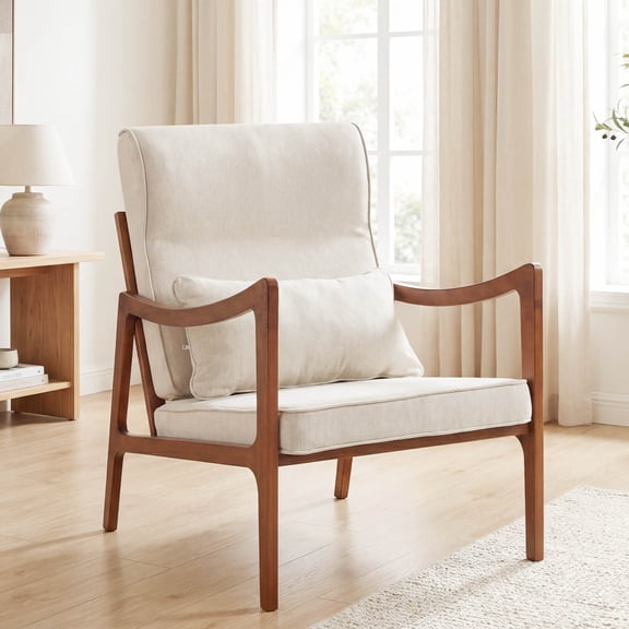 Costway 1 PCS Linen Fabric Upholstered Armchair with Lumbar Pillow, Removable Back, Seat Cushions Beige