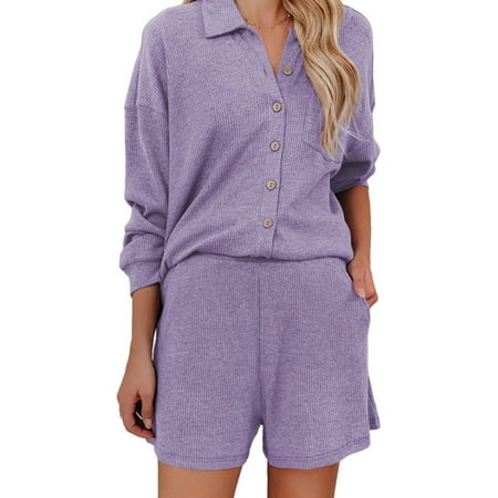 

Glookwis Ladies Buttons Nightwear Loose Pajamas Sets Two Pieces Outfits Baggy Loungewear Lapel Elastic Waist Lounge Set Sleepwear Purple M