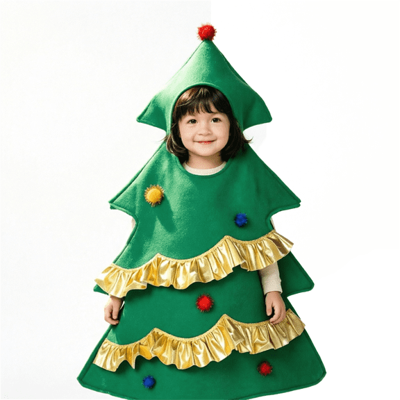 RUINIXCW Kids Christmas Tree Costume for Girls Boys Christmas Outfits Felt Sleeveless Hood Romper with Gold Trim Balls Funny Holiday Party Dress Up