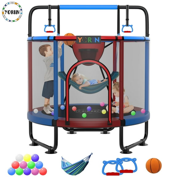 YORIN Trampoline for Kids, 60" 55" 66" Toddler Mini Trampoline with Enclosure Net, Basketball Hoop, 5FT Indoor/Outdoor Kids Trampoline with Swing, Adjustable Gymnastics Bars, Gifts for Kids, 600LBS