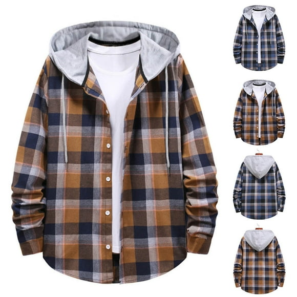 Men's Plaid Overshirt with Hood, Lightweight Long Sleeve Button Up Shirt Jackets Drawstring Winter Travel Casual Loose Hoodie Flannel Christmas Shirts for Men