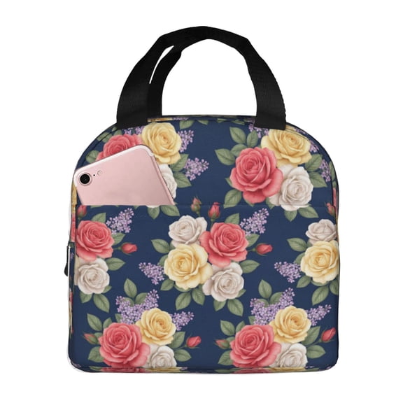 Floral Insulated Lunch Bag For Women Ladies Professionals, Reusable Thermal Meal Bag And Cooler Tote For Office Work Business Travel, Portable Ladies Lunch Box