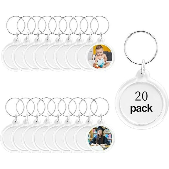 20pcs Pendant Picture Frame Keyrings, Clear Acrylic Photo Frame Keyring Holder, Make Your Own Personalized Keyring Kit, Round Blank Photo Insert Keychain for DIY Craft