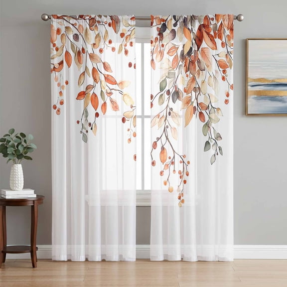 Sheer Curtains 84 Inches Long, Fall Leaves Light Filtering Window Curtains for Living Room, Farmhouse Orange Eucalyptus Leaf Floral Rod Pocket Voile Sheer Curtain Drapes, 52"W x 84"L, 2 Panels