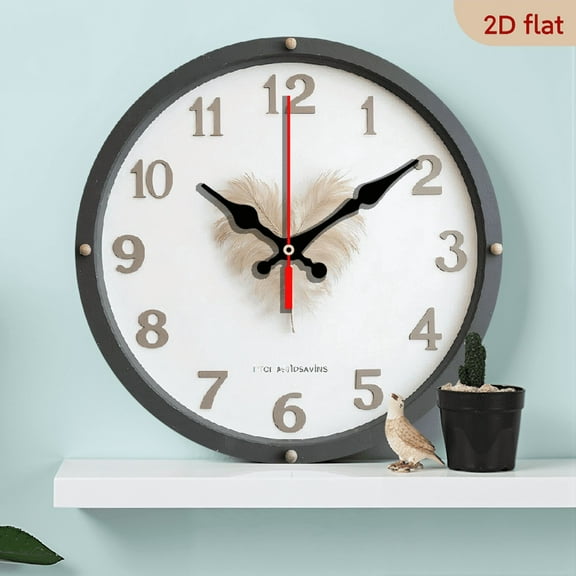 2D Flat 1pc 10Inch Wooden Modern Minimalist Black Frame Wall Clock with White Face Feather Decoration - Silent Non-Ticking Battery-Powered Wooden Round Clock for Home, Office, Living Room
