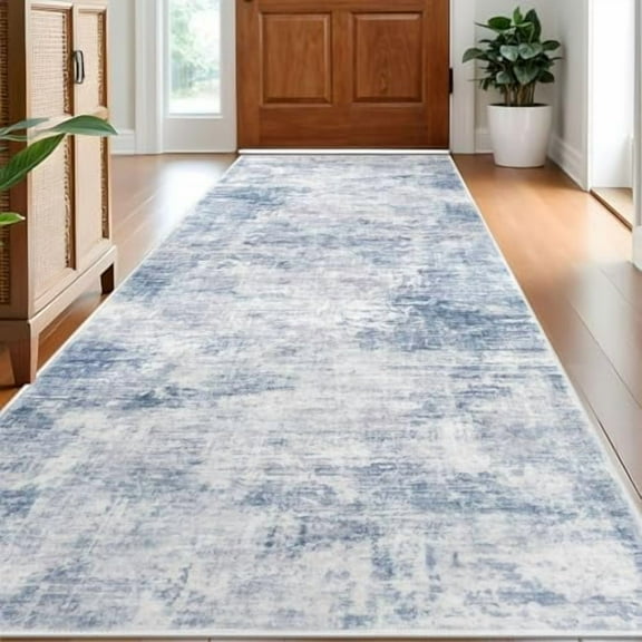 Abstract Runner Rug 3x8 Ft Washable Runners for Hallways, Non Slip Kitchen Runner Printed Faux Wool Entryway Runner Indoor, Modern Abstract Floor Carpet for Hall Bedroom, Light Blue White