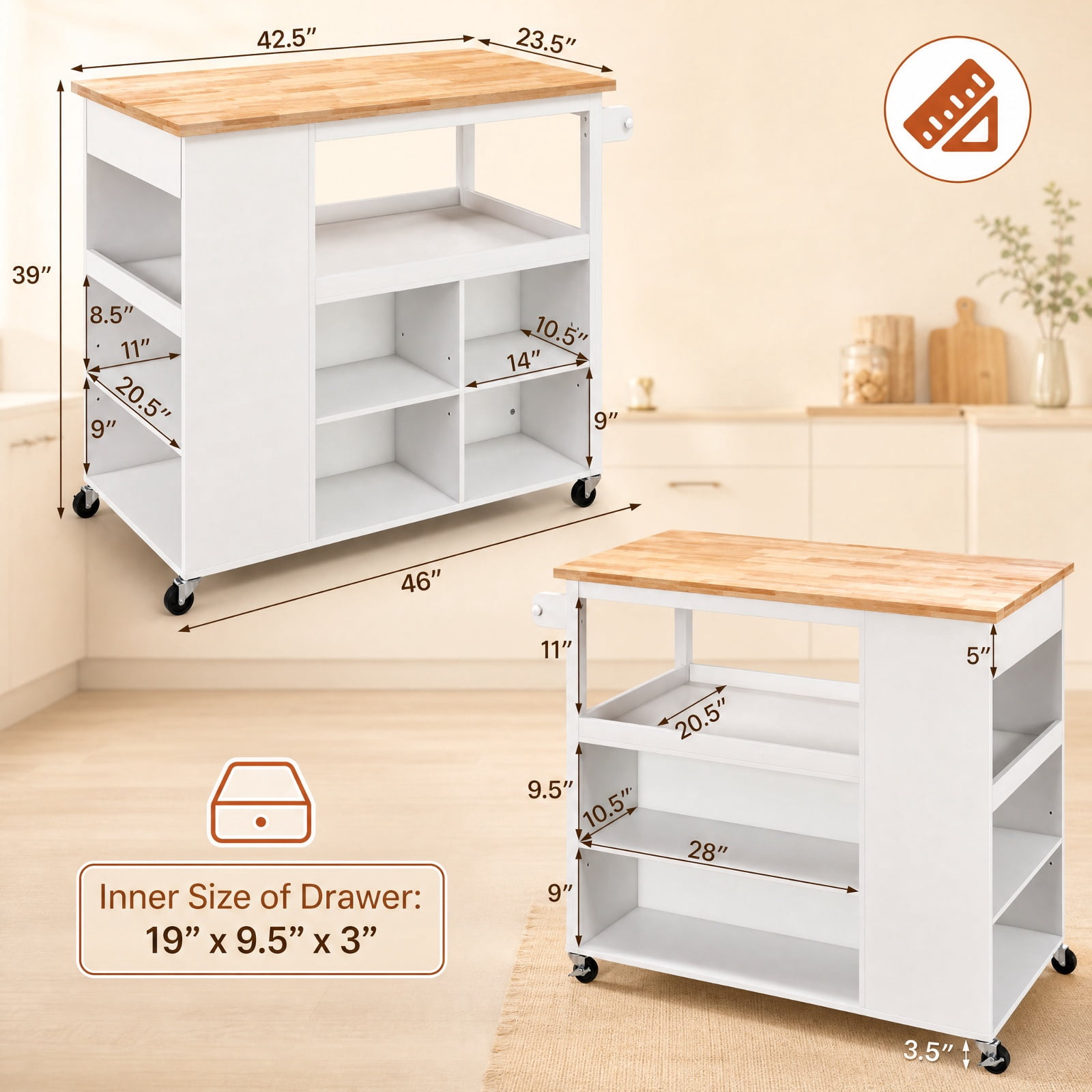 Furnibear Kitchen Island Trolley Cart on Wheels with Rubber Wood Countertop Open Shelves Spice Rack and Storage Drawer for Dining Rooms, White
